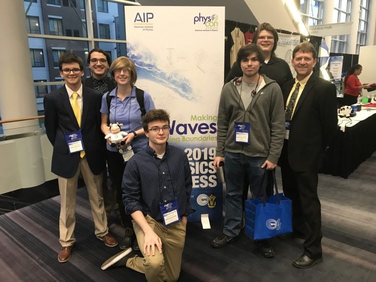 From left: Jude Quintero '20, Joe Vazquez '20, Hailey Gilman '21, Kyle Miller '20, Jackson Powell '21, Leif Kvarnes '20, and physics professor Peter Sheldon