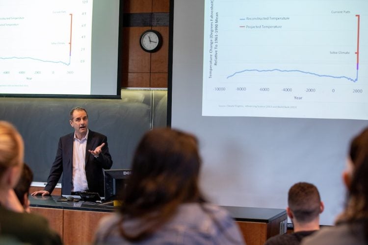 Eban Goodstein gives the lecture “How to Solve Climate by 2030” to Randolph environmental studies and science students and other members of the Randolph community.