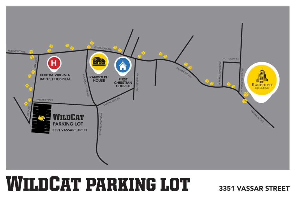 Map showing directions from the WildCat Parking Lot on 3351 Vassar Street to Randolph College at 2500 Rivermont Avenue.
