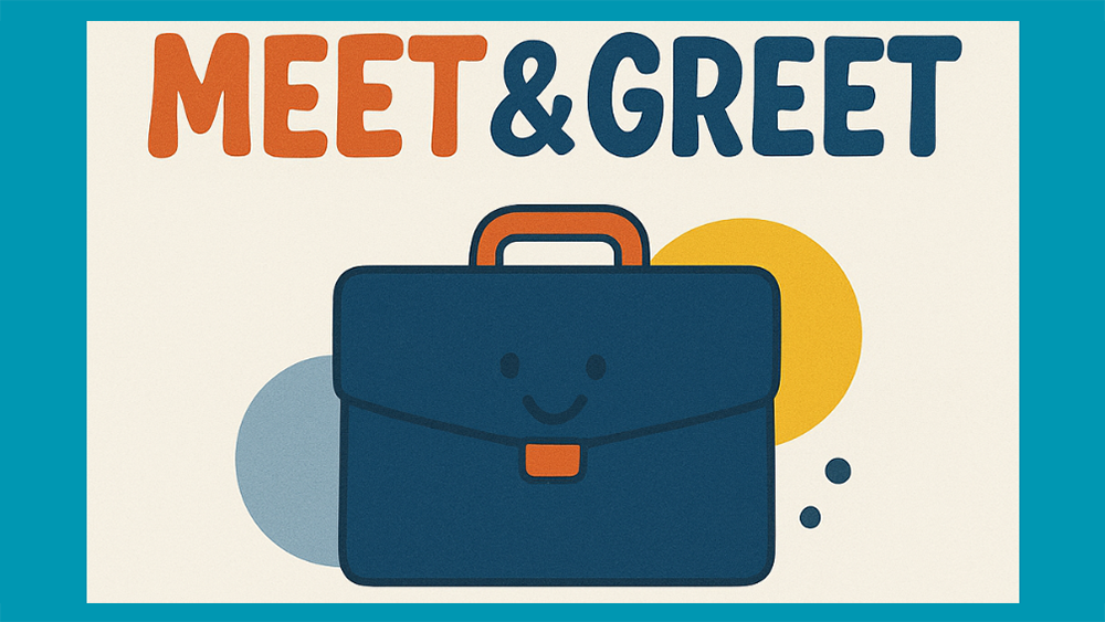 Meet and Greet icon with smiling anthropomorphic briefcase