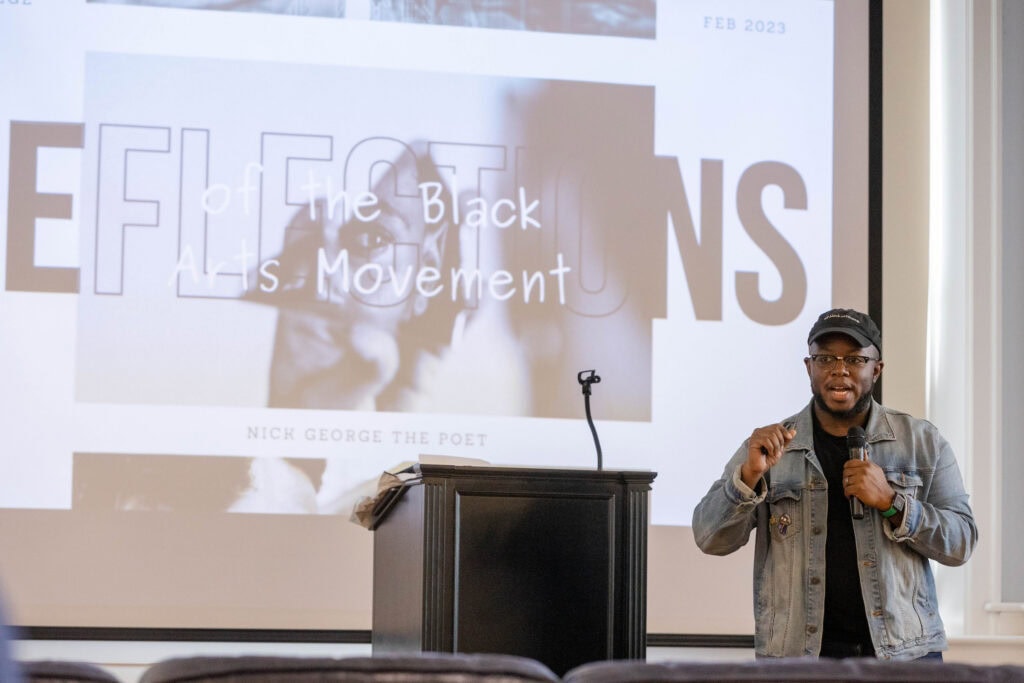 Poet Nick George speaks with Randolph College students.