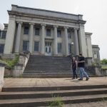 History professor Gerry Sherayko and Samantha Strickler '17 visit the old Jones Memorial Library building on Rivermont Avenue.