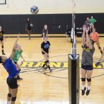 High School volleyball players participate in Randolph's Overnight Advanced Skills Camp.