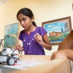 Nikitha Prabhu (left) and Shiloh Mack test their lego robot at the Tech Cats Coding Camp on Wednesday at Randolph College. (Photo by Jill Nance)