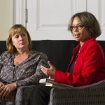 Gayle Jessup White (right) and Tess Taylor discuss racial issues in America during Randolph's Relatives and Strangers program Wednesday.