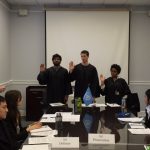 Judges (from left) Tahan Menon '16, Donald Saltmash-Lubin '16, and Vanessa McBean '16 are sworn in on day one of the pre-trial.