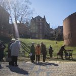 Alumnae and other members of the Randolph community examine the labyrinth, gifted to the College by Katharine Stark Caldwell '74.