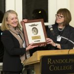 Cathy Havener Greer '73 (left), chair of the Randolph College Board of Trustees, accepts the award from Susan Johnston, executive vice president and COO of the AGB.