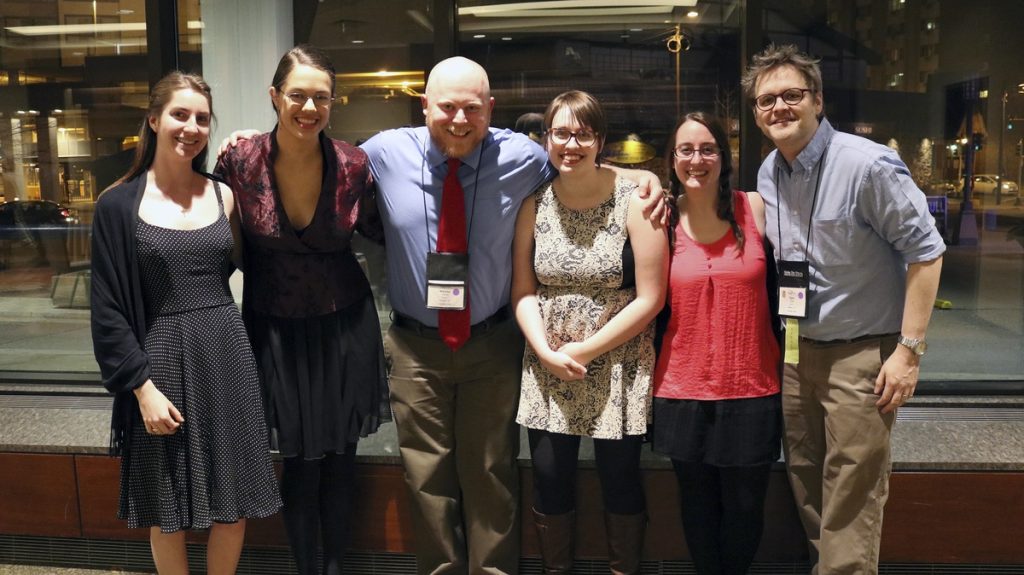 Attending the Sigma Tau Delta International Conference were (from left) Elizabeth Dean '16, Lindsay Brents '16, Nikolas Oliver '16, Katy Boyer '16, Miranda Stumpf '16, and English professor Gary Dop.