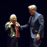 President Bradley W. Bateman presents the Pearl S. Buck Award to distinguished Chinese American author Maxine Hong Kingston. She is the sixth recipient of the award, which is one of the College's highest honors.