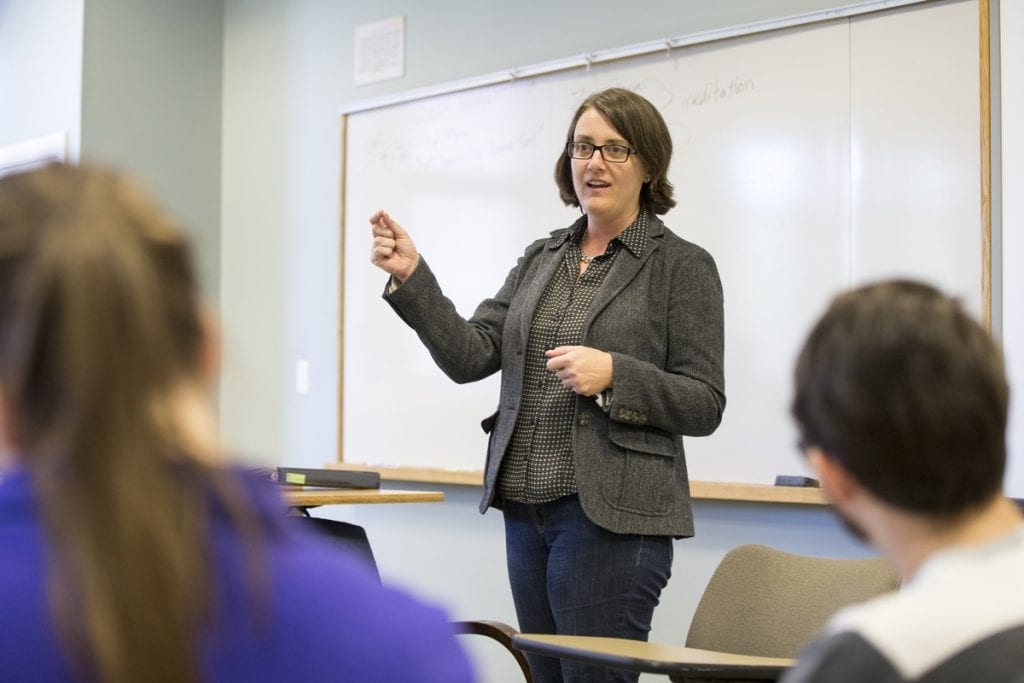 Suzanne Bessenger leads a discussion during one of her religious studies courses at Randolph. Suzanne Bessenger leads a discussion during one of her religious studies courses at Randolph.