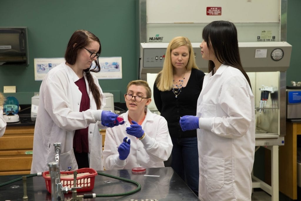 (From left) Jessica Sidebottom '17, Callan Frye '17, and Di Bei '18 examine a sample as biology professor Amanda Rumore observes.