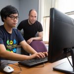 Anh Vo '18 ranked first in Virginia and 12th in the nation at a recent Virginia Tech Regional Mathematics Contest (VTRMC). Here, he is shown working with mathematics professor Marc Ordower on his 2016 Summer Research project to create a competitive, 3-D version of John Conway’s Game of Life.