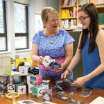 Education professor Cheryl Lindeman and Jasmine Fowler '20 craft more blocks for their 