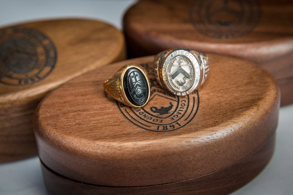 Close-up of class rings from Randolph College and Randolph-Macon Woman's College