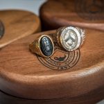 Close-up of class rings from Randolph College and Randolph-Macon Woman's College