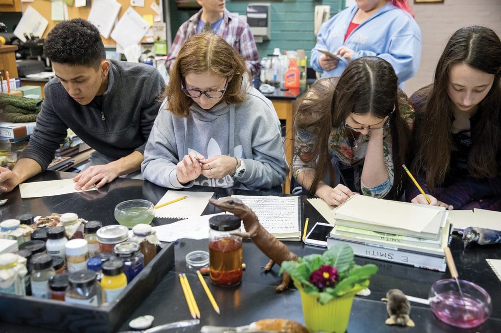 During a special workshop, Randolph students paint specimens from the College’s Natural History Collection using materials similar to those Sydney Parkinson used in the 1700s. During a special workshop, Randolph students paint specimens from the College’s Natural History Collection using materials similar to those Sydney Parkinson used in the 1700s.