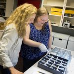 Art history professor Andrea Campbell and Sara Primm '20 look at glass samples from Randolph's archaeology collection