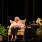 Dorothy Braden Bruce ’42 reacts to a question from John Long, director of education for the National D-Day Memorial