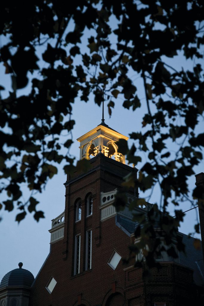 Main Hall tower lit up at dusk Main Hall tower lit up at dusk