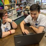 Physics professor Katrin Schenk and Emad Davis '19 work to develop their web application to help caregivers monitor Alzheimer's patients