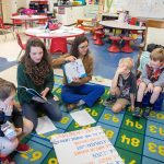 Faith Powell ’18 (middle left) and Lydia Hamd ’18 (middle right) read The Cat in the Hat to students at James River Day School.