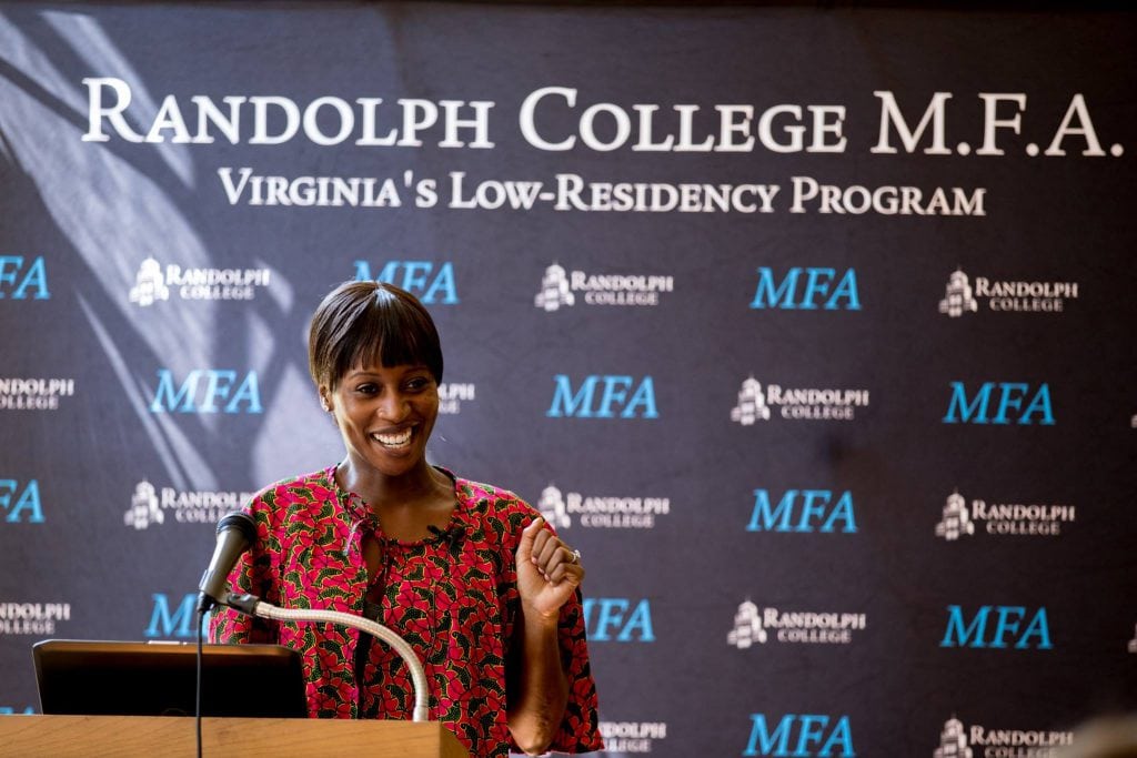 Faculty member Wayétu Moore reads from her work