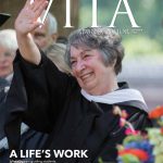 Cover of Vita Abundantior magazine, with photo of Paula Wallace waving to the crowd at Commencement 2018