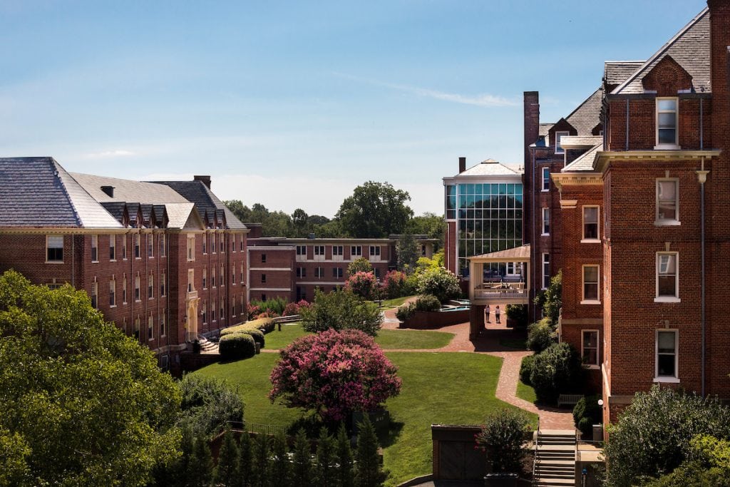 Room 409 in Bell Hall provides a beautiful view of the Bell Quad and, in the distance, Michels Plaza and the glass windows of the recently renovated Student Center.