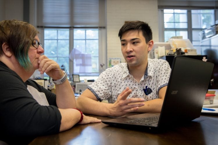 Physics professor Katrin Schenk and Emad Davis '19 collaborate on the project to develop software that helps caregivers monitor Alzheimer's patients Physics professor Katrin Schenk and Emad Davis '19 collaborate on the project to develop software that helps caregivers monitor Alzheimer's patients