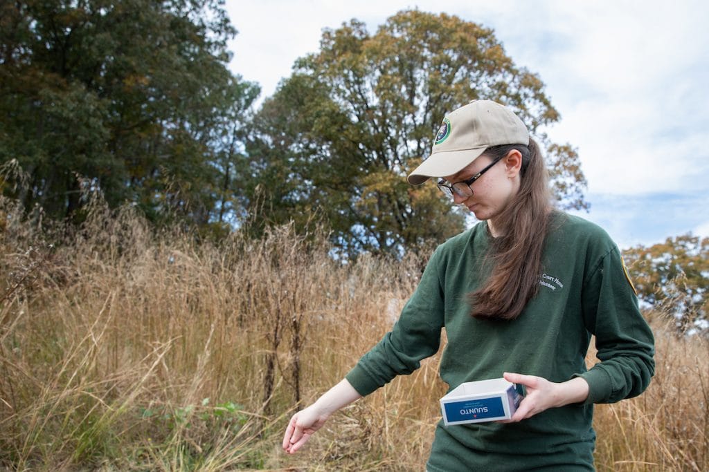 Andrea Wilson '20 plants seeds for milkweed—a required food source for Monarch butterflies in their larval stage.