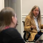 Noah Heringman, who teaches Romanticism, aesthetic theory, and history of science at the University of Missouri, speaks with Randolph students, faculty, and staff at a special luncheon