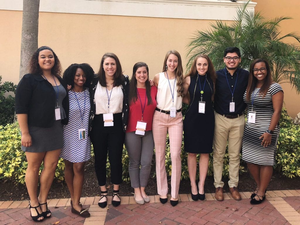 From left, attendees included Tori Green ’19, Brittany Lundy ’19, staff advisor Amanda Gelber, staff advisor Lisa Quell, Mackenzie Ambrose ’21, Leo Galopin ’20, Luis Chaparro ’19, and Tyrah Cobb-Davis ’19.