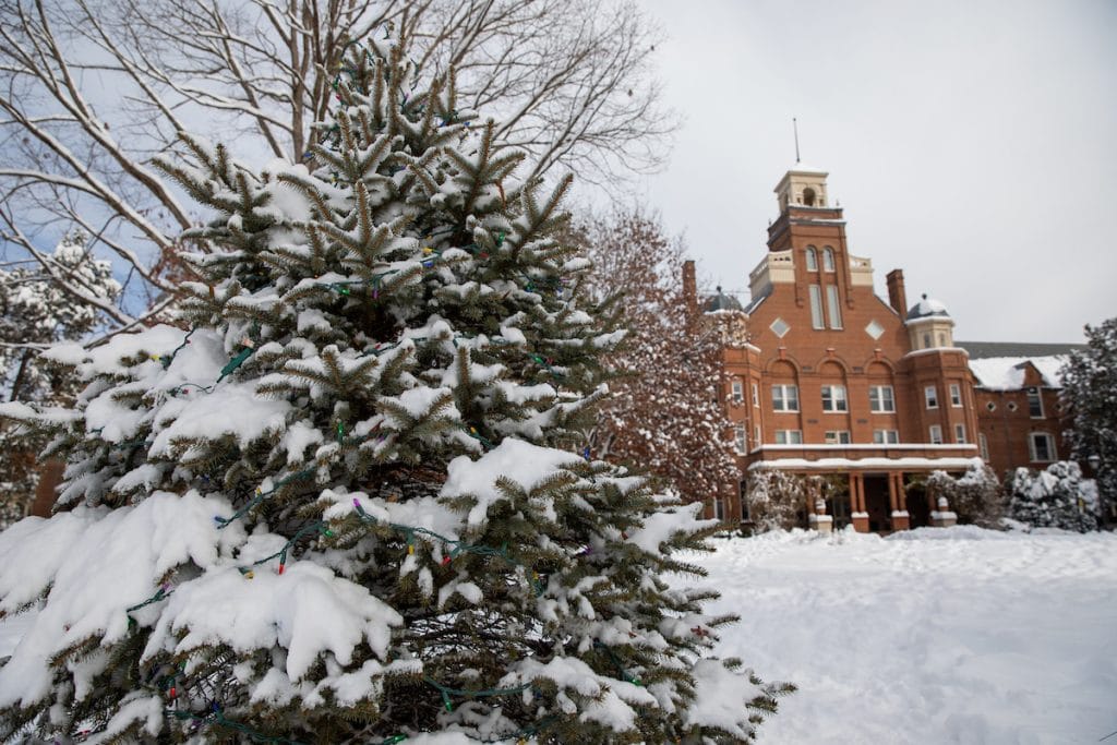 Decorated tree in the snow in front of Main Hall