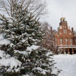 Decorated tree in the snow in front of Main Hall