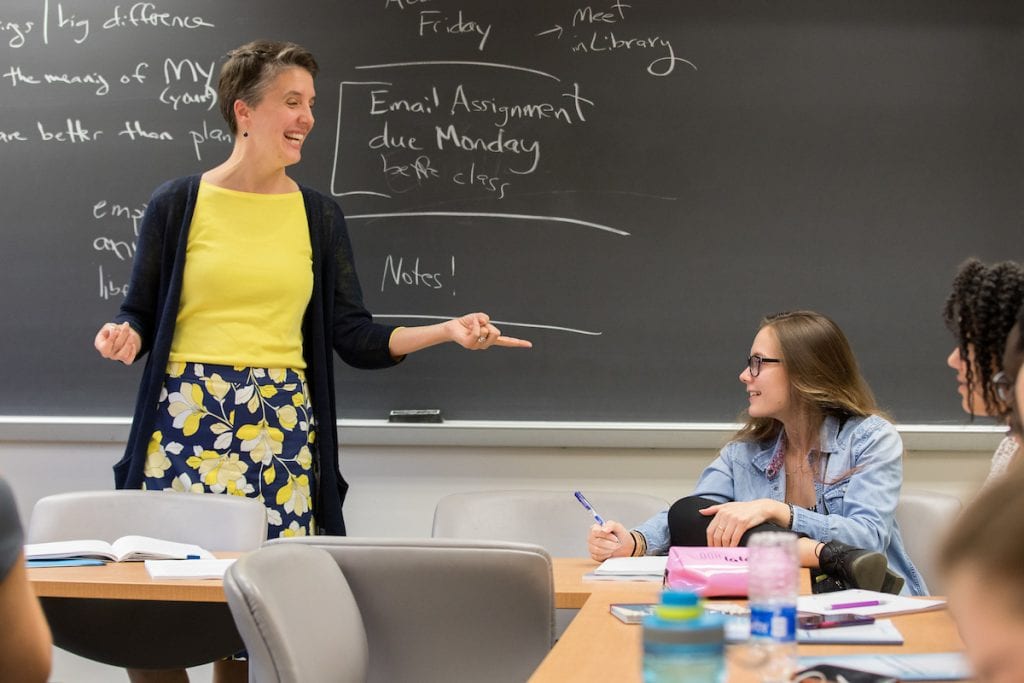 Philosophy professor Kaija Mortensen interacts with Olivia Chapin ’22 during a classroom discussion about the meaning of Vita abundantior.