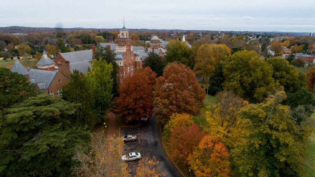 Aerial photo of autumn colors on front campus