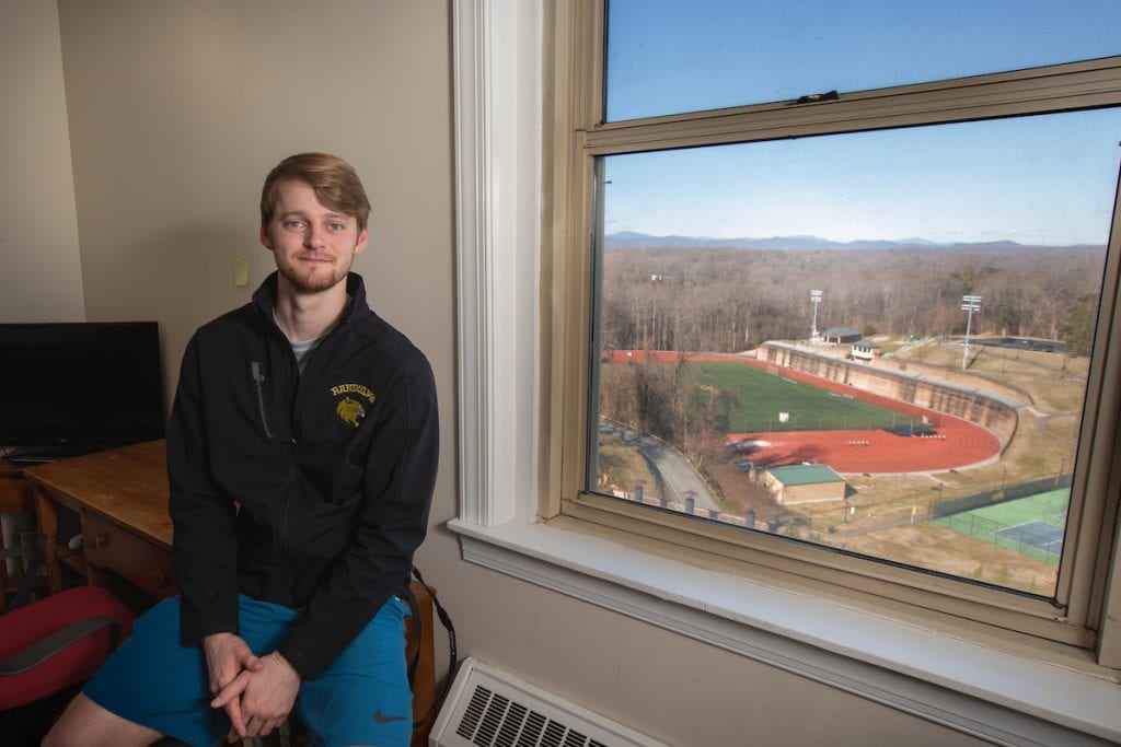 Kyle Wade in his room in Main Hall