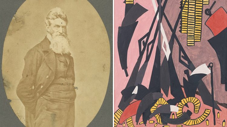 A portrait of Jacob Lawrence (left) next to his painting of John Brown’s Arsenal, 1941, gouache on panel, 19 1/2 x 13 1/2 inches. A portrait of Jacob Lawrence (left) next to his painting of John Brown’s Arsenal, 1941, gouache on panel, 19 1/2 x 13 1/2 inches.