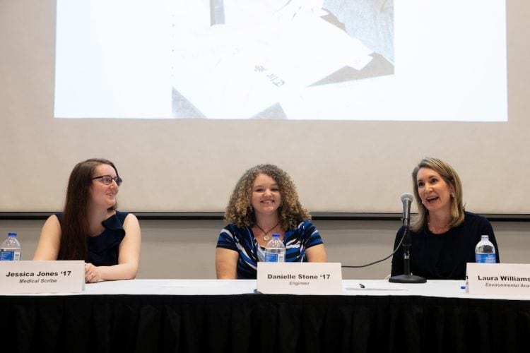 Jessica Sidebottom Jones ’17, Danielle Stone ’17, and Laura Williams spoke during the Women in Science Panel Friday Jessica Sidebottom Jones ’17, Danielle Stone ’17, and Laura Williams spoke during the Women in Science Panel Friday