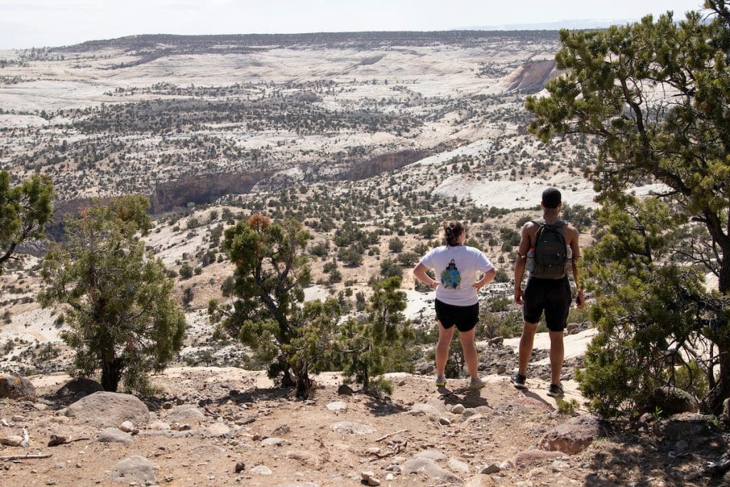 Two students stand on an overlook of the desert