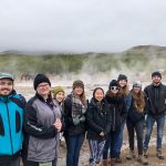 Students look at geysers in Hvolsvollur Park