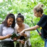 (from left) Ranjitkar, Jin, and Warren consult a field guide during one of their forest inventories