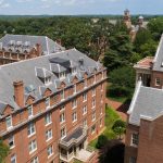 Aerial photo of Wright Hall and campus in the background