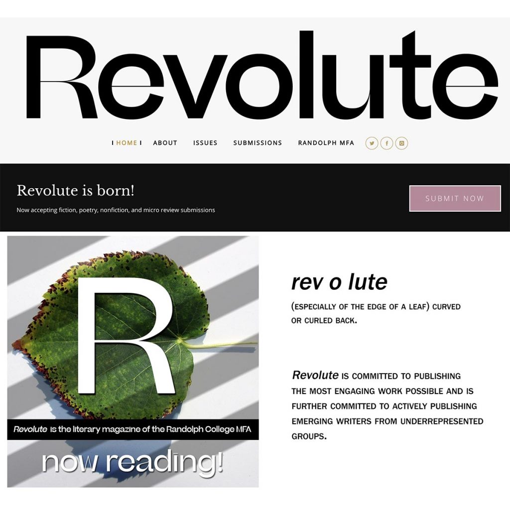 Revolute online literary journal published by the Randolph College MFA in Creative Writing program.