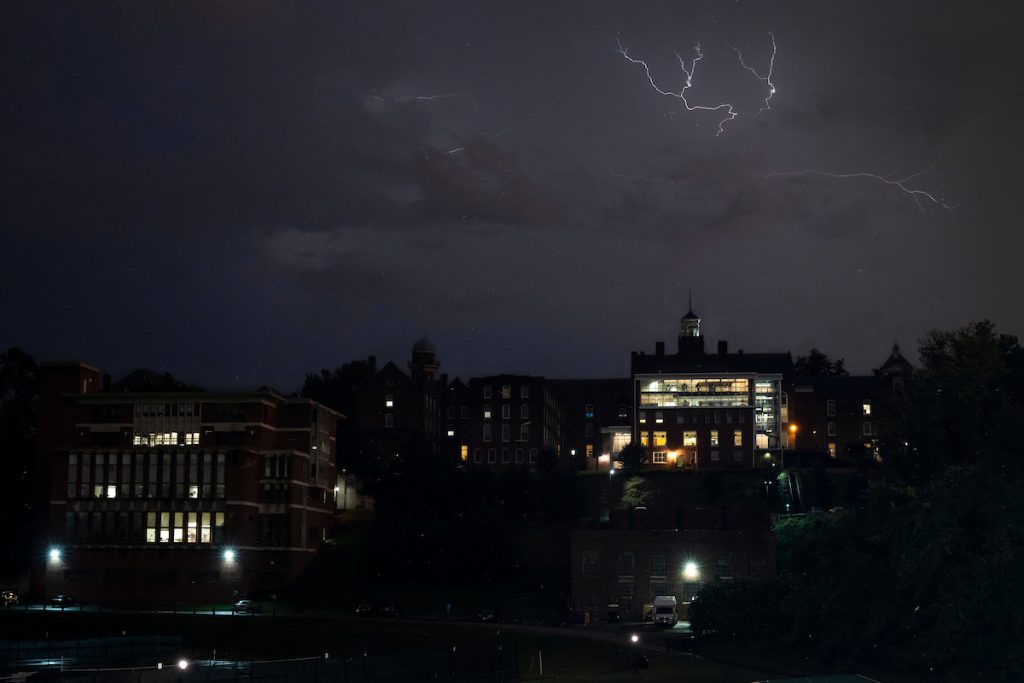 Lightning over Main Hall at night