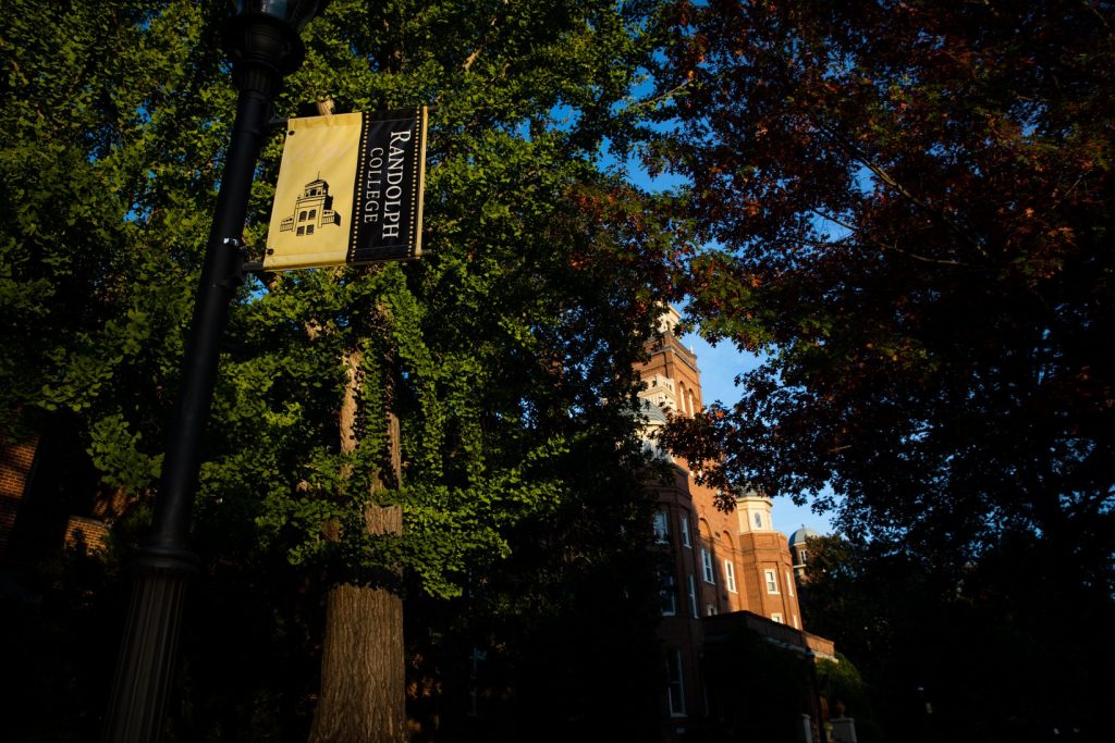 Randolph College banner in front of Main Hall