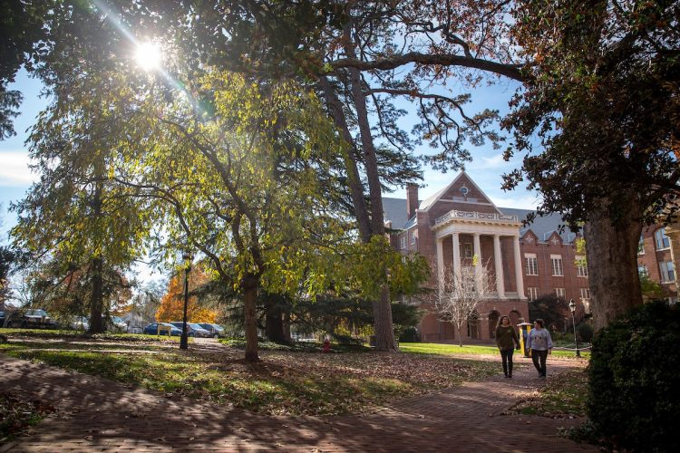 Trees on Randolph's front campus provide vibrant colors during the fall