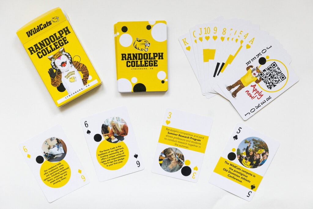 A photo of a set of Randolph College-themed playing cards, spread out on a white background.