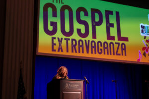 Hermina Hendricks speaks during Randolph College's Gospel Extravaganza